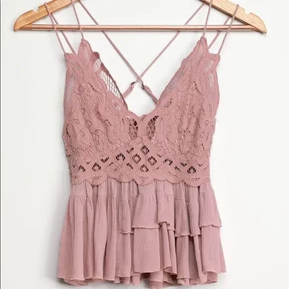 Free People Adella Cami Mauve Pink Lace Ruffle Tank Top Women’s Size M - Picture 1 of 6